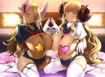  2girls absurdres ahoge anila_(granblue_fantasy) asymmetrical_docking bangs bed_sheet blonde_hair blue_shirt blue_skirt blunt_bangs blush breast_press breasts dark_skin draph earrings eyebrows_visible_through_hair gloves granblue_fantasy grin half-closed_eyes heart heart_hands heart_hands_duo heart_pasties heavy_breathing highres horn_ribbon horns huge_breasts huge_filesize indoors jewelry kuvira_(granblue_fantasy) lifted_by_self lips long_hair looking_at_viewer microskirt multiple_girls neckerchief necklace neckwear_between_breasts no_panties on_bed parted_lips pasties pija_(pianiishimo) pleated_skirt pointy_ears red_neckwear red_ribbon ribbon sailor_collar school_uniform serafuku sheep_horns shirt shirt_lift short_eyebrows short_sleeves sitting skirt skirt_lift smile star_pasties sweat teeth thick_eyebrows thick_thighs thighhighs thighs very_long_hair wavy_hair white_gloves white_legwear white_shirt yellow_eyes 
