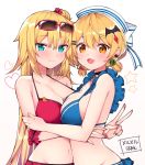  2girls akai_haato arm_scrunchie bangs bare_shoulders bat_hair_ornament bikini black_choker blonde_hair blue_bikini blue_eyes blush breast_press breasts choker cleavage collarbone earrings eyewear_on_head food_themed_hair_ornament frills from_side groin hair_bun hair_ornament halter_top halterneck haruyuki_(yukichasoba) hat heart highres hololive hug jewelry large_breasts long_hair multiple_girls navel red-framed_eyewear red_bikini sailor_hat scrunchie short_hair simple_background star star_earrings sunglasses swimsuit symmetrical_docking upper_body v very_long_hair virtual_youtuber watermelon_hair_ornament white_background yellow_eyes yozora_mel 