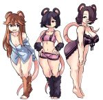  3girls :d absurdres animal_ears babydoll bandaid bandaid_on_nose bangs bare_legs bare_shoulders barefoot black_fur black_hair blue_eyes bottomless boyshorts breasts brown_eyes brown_fur brown_hair collarbone commentary commission dellu_(geenymous) dormouse_(monster_girl_encyclopedia) dress_shirt english_commentary eyebrows_visible_through_hair full_body fur hair_between_eyes hair_over_one_eye hands_on_hips highres large_breasts large_mouse_(monster_girl_encyclopedia) leaning_forward long_hair looking_at_viewer midriff monster_girl_encyclopedia mouse_ears mouse_girl mouse_tail multiple_girls naked_shirt navel nellu_(geenymous) open_mouth original purple_babydoll shirt short_hair sidelocks simple_background single_bare_shoulder sketch small_breasts smile sports_bra standing tail upper_teeth vellu_(geenymous) white_background white_shirt zana 