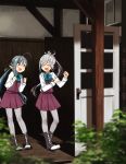  2girls :d ^_^ ^o^ ahoge annin_musou aqua_bow aqua_neckwear asashimo_(kantai_collection) blush boots bow bowtie clenched_hand clenched_hands closed_eyes commentary_request cross-laced_footwear door dress fang grey_eyes grey_hair grey_legwear hair_over_one_eye highres kantai_collection kiyoshimo_(kantai_collection) long_hair long_sleeves low_twintails multiple_girls open_mouth outdoors pantyhose purple_dress shirt silver_hair sleeveless sleeveless_dress smile twintails white_shirt 