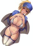  1girl :d ahoge artoria_pendragon_(all) ass ass_visible_through_thighs bangs baseball_cap bikini blonde_hair blue_eyes blue_jacket blush breasts cleavage collarbone cropped_jacket eyebrows_visible_through_hair fate/grand_order fate_(series) finger_to_mouth full-face_blush groin hair_between_eyes hair_through_headwear hands_clasped hands_together hat highres index_finger_raised interlocked_fingers jacket kneeling large_breasts looking_at_viewer medium_hair midriff mysterious_heroine_xx_(foreigner) navel non-web_source nose_blush open_mouth own_hands_together ponytail satou_daiji short_ponytail shrug_(clothing) shushing side-tie_bikini sidelocks simple_background skindentation smile solo stomach swimsuit thigh_strap underboob white_background white_bikini 