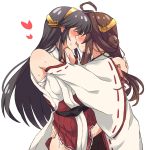  2girls absurdres ahoge blush brown_hair detached_sleeves double_bun ear_blush fingering french_kiss hairband haruna_(kantai_collection) highres japanese_clothes kantai_collection kiss kongou_(kantai_collection) long_hair miiii multiple_girls nontraditional_miko red_skirt ribbon-trimmed_sleeves ribbon_trim simple_background skirt tongue white_background yuri 