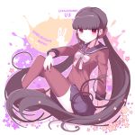  1girl bangs black_hair blunt_bangs bunny character_name commentary_request copyright_name danganronpa enperaa from_side hair_ornament harukawa_maki highres long_hair looking_at_viewer low_twintails mole mole_under_eye new_danganronpa_v3 pleated_skirt red_eyes red_legwear red_nails red_scrunchie red_shirt school_uniform scrunchie serafuku shirt simple_background sitting skirt solo thighhighs twintails very_long_hair 