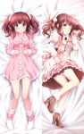  1girl ;) ayase_midori bangs bed_sheet beret blush boots breasts brown_footwear brown_hair closed_mouth commentary_request dakimakura dress eyebrows_visible_through_hair fur-trimmed_boots fur_trim hand_up hat high_heel_boots high_heels idolmaster idolmaster_cinderella_girls long_sleeves lying multiple_views no_shoes ogata_chieri on_back on_side one_eye_closed pink_dress puffy_short_sleeves puffy_sleeves red_eyes short_over_long_sleeves short_sleeves small_breasts smile socks twintails white_dress white_headwear white_legwear 