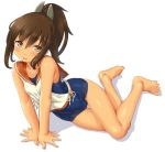  1girl blush breasts brown_eyes brown_hair dd_(ijigendd) hair_ornament highres i-401_(kantai_collection) kantai_collection looking_at_viewer one-piece_swimsuit open_mouth ponytail sailor_collar school_swimsuit school_uniform serafuku short_hair short_ponytail simple_background sitting small_breasts smile solo swimsuit swimsuit_under_clothes tan white_background 