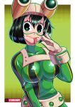  1girl alternate_hair_length alternate_hairstyle asui_tsuyu bodysuit boku_no_hero_academia breasts collarbone frog_girl gloves goggles goggles_on_head green_bodysuit highres large_breasts long_tongue looking_at_viewer older short_hair solo steve_chopz tongue 