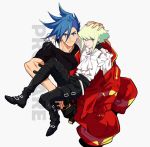  2boys baggy_pants black_gloves black_jacket blue_hair cravat galo_thymos gloves green_hair half_gloves hand_on_another&#039;s_head highres jacket jacket_on_shoulders jionghai lio_fotia looking_at_viewer male_focus multiple_boys pants promare purple_eyes short_hair sitting sitting_on_lap sitting_on_person smile spiked_hair 