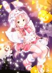  1girl :d akane_mimi animal animal_ears animal_hat bandaged_arm bandaged_hands bandages bangs bare_tree bat blush bow braid brown_eyes bunny_ears bunny_hair_ornament bunny_hat capelet castle cloud cloudy_sky commentary_request eyebrows_visible_through_hair frilled_skirt frills full_body fur-trimmed_boots fur-trimmed_capelet fur_trim ghost glowing hair_ornament halloween hand_up hat jack-o&#039;-lantern long_hair looking_at_viewer open_mouth parted_bangs pennant pink_capelet pink_footwear pink_hair pink_headwear princess_connect! princess_connect!_re:dive red_bow red_skirt shirogane_hina skirt sky smile solo star string_of_flags striped striped_legwear thighhighs tree twin_braids very_long_hair white_bow 
