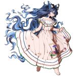  1girl alternate_costume bare_shoulders barefoot blue_bow blue_eyes blue_hair bow bracelet collarbone commentary curtsey dress feet full_body hair_bow highres jewelry long_hair looking_at_viewer mefomefo nicaragua off-shoulder_dress off_shoulder simple_background skirt_hold solo toenails toes touhou traditional_clothes very_long_hair white_background white_dress yorigami_shion 
