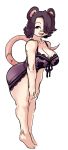  1girl :d absurdres animal_ears babydoll bandaid bandaid_on_nose bare_shoulders barefoot black_hair breasts brown_eyes collarbone commentary commission english_commentary hair_over_one_eye highres large_breasts leaning_forward mouse_ears mouse_girl mouse_tail nellu_(geenymous) open_mouth original purple_babydoll short_hair simple_background sketch smile solo tail upper_teeth white_background zana 