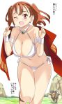  1girl bare_shoulders breasts brown_eyes brown_hair cleavage commentary_request dragon_quest dragon_quest_viii earrings imaichi jessica_albert jewelry large_breasts medium_hair monster open_mouth smile solo_focus swimsuit translation_request twintails 