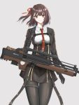  1girl alternate_hair_length alternate_hairstyle blush brown_hair bullpup commentary_request cowboy_shot earpiece girls_frontline gun hair_ribbon highres necktie pantyhose red_eyes ribbon rifle rynn_(user_rkgs8583) scope short_hair side_ponytail skirt smile sniper_rifle uniform wa2000_(girls_frontline) walther walther_wa_2000 weapon 