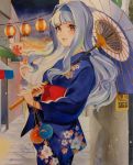  1girl festival floral_print hairband hikonyaaa idolmaster idolmaster_(classic) japanese_clothes kimono lantern long_hair obi open_mouth oriental_umbrella paper_lantern red_eyes sash shijou_takane silver_hair smile solo umbrella water_balloon yukata 