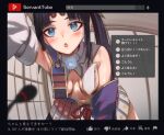  1girl armor bangs black_hair blue_eyes blush breast_curtains breasts cleavage commentary_request eyebrows_visible_through_hair fate/grand_order fate_(series) japanese_armor microphone side_ponytail solo torriet translation_request ushiwakamaru_(fate) youtube 