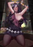  1girl absurdres areola_slip areolae armpits arms_up asymmetrical_clothes black_dress blurry blurry_background blush bound bound_wrists breasts dress highres kneeling korean_commentary large_breasts long_hair original pantyhose parted_lips pingkypen pleated_skirt purple_hair restrained skirt solo 