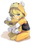  1girl :t alternate_costume animal_costume bandages bangs bear_costume bear_hood blonde_hair blue_eyes boko_(girls_und_panzer) closed_mouth commentary from_side frown girls_und_panzer glaring half-closed_eyes holding holding_stuffed_animal katyusha looking_at_viewer magenta_(atyana) onesie pajamas pout shadow short_hair simple_background sitting solo stuffed_animal stuffed_toy tearing_up teddy_bear white_background 