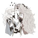  2girls armor byleth_(fire_emblem) byleth_(fire_emblem)_(female) cape closed_eyes closed_mouth fire_emblem fire_emblem:_three_houses from_side greyscale hair_ornament heart krazehkai long_hair medium_hair monochrome multiple_girls pointy_ears simple_background smile sothis_(fire_emblem) tiara upper_body white_background yuri 