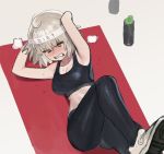  1girl absurdres ahoge arms_behind_head bangs black_pants black_tank_top blush breasts commentary exercise fate/grand_order fate_(series) grey_hair headband highres hood_(james_x) jeanne_d&#039;arc_(alter)_(fate) jeanne_d&#039;arc_(fate)_(all) large_breasts pants short_hair sit-up solo tank_top yellow_eyes 