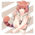  1girl bangs barefoot beige_hoodie blush breasts brown_hair claw_pose cleavage collarbone commentary ear_ornament eyebrows_visible_through_hair full_body highres hood hoodie large_breasts looking_at_viewer multicolored_hair naked_hoodie nijisanji open_mouth orange_eyes ratna_petit rb2 red_panda_ears red_panda_tail simple_background sitting smile solo streaked_hair striped striped_background virtual_youtuber 
