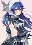 1girl ameno_(a_meno0) back_cutout backless_outfit blue_eyes blue_hair blush cherche_(fire_emblem) cherche_(fire_emblem)_(cosplay) closed_mouth cosplay fire_emblem fire_emblem_awakening from_behind gauntlets long_hair looking_back lucina_(fire_emblem) maid_headdress simple_background smile solo upper_body 
