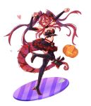  1girl bare_shoulders black_choker blush breasts choker cleavage dragalia_lost dragon dragon_girl dragon_horns dragon_tail fang full_body fur_choker halloween halloween_costume heart highres horns large_breasts mym_(dragalia_lost) one_eye_closed open_mouth orange_eyes pumpkin red_hair silou_b simple_background smile solo tail tiara twintails 