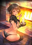  ass black_legwear black_panties breasts brown_eyes brown_hair butt_crack choker feet fire fireplace food highres holding holding_food looking_at_viewer looking_back no_shoes ono_itaru open_mouth original panties short_hair sitting skindentation small_breasts soup spoon teeth thighhighs underwear wariza wooden_floor 