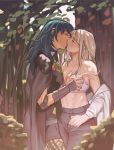  2girls against_tree arm_guards bra breast_grab breasts byleth_(fire_emblem) byleth_(fire_emblem)_(female) cleavage closed_eyes collarbone edelgard_von_hresvelg fire_emblem fire_emblem:_three_houses grabbing green_hair highres kiss long_hair multiple_girls off-shoulder_shirt off_shoulder pantyhose plant radiostarkiller shade shirt silver_hair stomach strap_slip toned tree underwear undressing yuri 