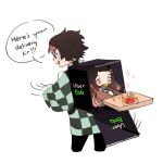  1boy 1girl brown_hair checkered checkered_shirt chibi english_text gradient_hair holding k_nonomo kamado_nezuko kamado_tanjirou kimetsu_no_yaiba multicolored_hair muzzle pink_eyes pizza_box scar shirt white_background 