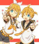  1boy 1girl :p bangs bare_shoulders bass_clef belt black_collar black_shorts blonde_hair blue_eyes bow collar commentary cowboy_shot crop_top detached_sleeves hair_bow hair_ornament hairclip kagamine_len kagamine_rin leaning_forward looking_at_viewer neckerchief necktie one_eye_closed outstretched_hand sailor_collar school_uniform shirt short_hair short_ponytail short_shorts short_sleeves shorts siblings sleeveless sleeveless_shirt smile spiked_hair standing star swept_bangs tongue tongue_out treble_clef twins twitter_username utaori vocaloid w white_bow white_shirt yellow_neckwear 