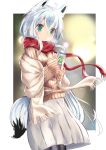  1girl absurdres animal_ears aqua_eyes black_legwear can fox_ears fox_tail highres hololive kibodo_(kibo_dodesu) long_sleeves scarf shawl shirakami_fubuki skirt sleeves_past_wrists solo sweater tail tin_can virtual_youtuber white_hair 