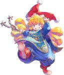  1girl artist_request baggy_clothes bangs big_hair blonde_hair blue_eyes blush bodysuit boots charlotte_(seiken_densetsu_3) curly_hair flail full_body grin hands_up hat holding holding_weapon jester_cap long_hair long_sleeves looking_at_viewer official_art pom_pom_(clothes) purple_eyes red_footwear red_headwear ringed_eyes seiken_densetsu seiken_densetsu_3 smile solo tabard transparent_background weapon 
