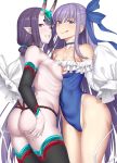  2girls absurdres ao_banana ass back bangs bare_shoulders black_fundoshi black_legwear blue_eyes blue_ribbon blue_swimsuit blush breast_press breasts choker collarbone covered_navel detached_sleeves eyeliner fate/grand_order fate_(series) forehead_jewel frills fundoshi grin hair_between_eyes headpiece highleg highleg_swimsuit highres horns japanese_clothes licking_lips long_hair long_sleeves looking_at_viewer low_twintails makeup meltryllis meltryllis_(swimsuit_lancer)_(fate) multiple_girls nipples one-piece_swimsuit oni oni_horns pointy_ears puffy_sleeves purple_eyes purple_hair ribbon short_eyebrows short_hair short_twintails shuten_douji_(fate/grand_order) shuten_douji_(halloween_caster)_(fate) simple_background skin-covered_horns sleeves_past_fingers sleeves_past_wrists small_breasts smile swimsuit symmetrical_docking thighs tongue tongue_out topless twintails very_long_hair white_background 