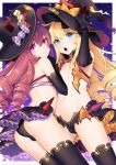  2girls :o arm_up ass ass_visible_through_thighs azur_lane back bare_shoulders black_gloves black_headwear black_legwear blonde_hair blue_eyes bow cameltoe candy commentary_request cowboy_shot drill_hair elbow_gloves flat_chest food frills gloves groin hand_up hat highres long_hair looking_at_viewer mizuki_eiru_(akagi_kurage) multiple_girls navel open_mouth purple_eyes quad_drills red_hair revealing_clothes showgirl_skirt smalley_(azur_lane) smalley_(candy_courier)_(azur_lane) stanly_(azur_lane) stomach thighhighs thighs witch_hat wrist_cuffs yellow_bow 