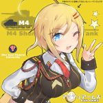  1girl ahoge aosora_kamiya ash_arms blonde_hair blue_eyes blush breasts character_request copyright_name eyebrows_visible_through_hair eyelashes ground_vehicle highres long_sleeves m4_sherman medal military military_vehicle motor_vehicle necktie one_eye_closed open_mouth red_neckwear shirt short_hair sidelocks solo star tank upper_body v vest white_shirt yellow_background 