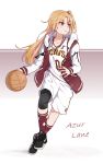  1girl absurdres alternate_costume azur_lane bangs basketball basketball_uniform bling blonde_hair cleveland_(azur_lane) cleveland_cavaliers collarbone commentary_request deal_with_it determined dribbling earrings eyebrows_visible_through_hair full_body hair_ornament hair_scrunchie highres hood hoodie jewelry knee_pads long_hair long_sleeves looking_to_the_side mango_(mgo) namesake national_basketball_association necklace one_side_up parted_lips red_eyes scrunchie shoes shorts sneakers solo sportswear sunglasses trait_connection 