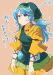  1girl apron arm_ribbon arms_at_sides bags_under_eyes blue_hair dress expressionless eyebrows_visible_through_hair green_apron haniyasushin_keiki head_scarf hood jewelry layered_skirt long_hair looking_to_the_side magatama magatama_necklace messy_hair moja_(moja4192) necklace outline purple_eyes ribbon simple_background single_strap solo standing tan_background tears touhou translation_request upper_body very_long_hair yellow_dress 
