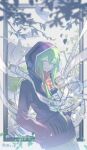  1girl absurdres book branch closed_eyes falling_leaves film_reel film_strip flying_paper green_hair hair_between_eyes hands_in_pockets highres hood hood_up hoodie kagerou_project kido_tsubomi leaf long_hair long_sleeves nekotoukouuu paper picture_frame purple_hoodie smile 