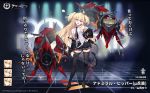  1girl admiral_hipper_(azur_lane) ahoge alternate_costume azur_lane bangs belt black_footwear black_legwear black_neckwear black_skirt blonde_hair blush breasts buckle character_name collared_shirt commentary contrapposto electric_guitar expressions eyebrows_visible_through_hair fingerless_gloves gloves green_eyes guitar hair_between_eyes hand_on_hip head_tilt headgear headphones highres holding holding_instrument idol instrument loafers logo long_hair looking_at_viewer mole mole_under_eye necktie nin official_art open_mouth pleated_skirt rigging shirt shoes skirt sleeveless sleeveless_shirt speaker thighhighs tsurime two_side_up untucked_shirt watermark white_gloves white_shirt 