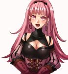  1girl breasts cleavage earrings fire_emblem fire_emblem:_three_houses gloves hazuki_(nyorosuke) hilda_valentine_goneril jewelry large_breasts long_hair open_mouth pink_eyes pink_hair ponytail red_gloves simple_background solo upper_body white_background 