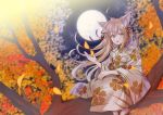  1girl ahoge animal_ear_fluff animal_ears autumn autumn_leaves blurry brown_eyes brown_hair brown_kimono commentary_request depth_of_field floating_hair floral_print fox_ears full_moon hair_ribbon japanese_clothes kimono leaf leaves_in_wind long_hair long_sleeves looking_at_viewer moon myusha night open_mouth original outdoors print_kimono ribbon sitting solo tree_branch wide_sleeves zouri 