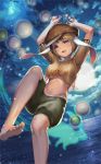  1girl animal_ears arms_up artist_request baggy_shorts bangs barefoot blonde_hair blush breasts brown_headwear bunny_ears cloud crop_top dango eyebrows_visible_through_hair feet_out_of_frame flat_cap food food_in_mouth frills green_shorts groin hat head_tilt knee_up looking_at_viewer medium_breasts midriff moon mouth_hold navel night night_sky outdoors purple_eyes ringo_(touhou) shirt short_hair short_sleeves shorts sky solo spirit stomach touhou touhou_cannonball wagashi water yellow_shirt 