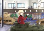  1girl bangs blonde_hair blue_eyes braid building churchill_(tank) commentary cup darjeeling day epaulettes from_behind girls_und_panzer ground_vehicle highres holding holding_cup jacket lamppost long_sleeves looking_at_viewer looking_back matilda_(tank) military military_uniform military_vehicle motor_vehicle omachi_(slabco) ooarai_(ibaraki) open_mouth outdoors red_jacket road short_hair smile solo st._gloriana&#039;s_military_uniform street tank teacup tied_hair uniform 