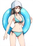  1girl bikini blue_bikini blue_headwear blue_innertube breasts brown_eyes brown_hair cleavage commentary cowboy_shot front-tie_bikini front-tie_top girls_und_panzer hat highres holding holding_innertube innertube long_hair looking_at_viewer medium_breasts mika_(girls_und_panzer) navel omachi_(slabco) open_mouth side-tie_bikini simple_background smile solo standing striped striped_bikini swimsuit thighs white_background 