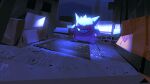  building commentary gengar grin matwvv night no_humans outdoors pokemon pokemon_(creature) red_eyes smile solo standing teeth 