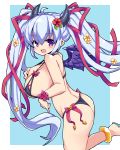  1girl alternate_costume anklet bangs bare_shoulders bikini black_bikini black_horns blue_background blue_hair blush breasts flower hair_flower hair_ornament hair_ribbon jewelry large_breasts long_hair looking_at_viewer miruno_(sennen_sensou_aigis) nemui_(nemui) purple_eyes purple_wings ribbon scrunchie sennen_sensou_aigis simple_background solo standing standing_on_one_leg swimsuit twintails very_long_hair wings wrist_scrunchie 