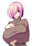  1girl alternate_breast_size blush breasts fate/grand_order fate_(series) hair_over_one_eye highres huge_breasts long_sleeves looking_at_viewer mash_kyrielight nokoppa purple_eyes purple_hair ribbed_sweater short_hair smile solo sweater turtleneck 