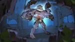  belt belt_buckle blurry blurry_foreground buckle closed_mouth commentary dirty indoors leaf machamp matwvv pokemon pokemon_(creature) red_eyes smile solo standing 