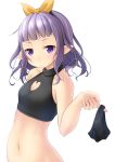  1girl bangs bare_arms bare_shoulders bikini bikini_bottom_removed black_bikini blush breasts closed_mouth collarbone commentary_request forehead hair_ribbon heart_cutout highres long_hair looking_at_viewer navel orange_ribbon original pointy_ears purple_eyes purple_hair ribbon shibacha simple_background small_breasts solo stomach swimsuit upper_body white_background 