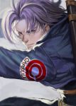  1boy backlighting blue_eyes blurry blurry_background capsule_corp close-up closed_mouth denim denim_jacket dragon_ball dragon_ball_z expressionless face fighting_stance floating_hair grey_background hair_over_one_eye jacket looking_at_viewer male_focus messy_hair outstretched_arms purple_hair realistic rejean_dubois simple_background trunks_(future)_(dragon_ball) twitter_username upper_body watermark web_address 