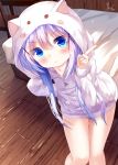  1girl :i animal_ears animal_hood bangs bed blue_eyes blue_hair blush character_hood check_commentary chinomaron closed_mouth commentary_request drawstring eyebrows_visible_through_hair fake_animal_ears gochuumon_wa_usagi_desu_ka? hair_between_eyes hair_ornament hand_up highres hood hood_down hooded_jacket index_finger_raised indoors jacket kafuu_chino long_hair long_sleeves pom_pom_(clothes) pout sidelocks signature solo standing suggestive_fluid v-shaped_eyebrows very_long_hair wavy_mouth white_jacket wooden_floor x_hair_ornament 